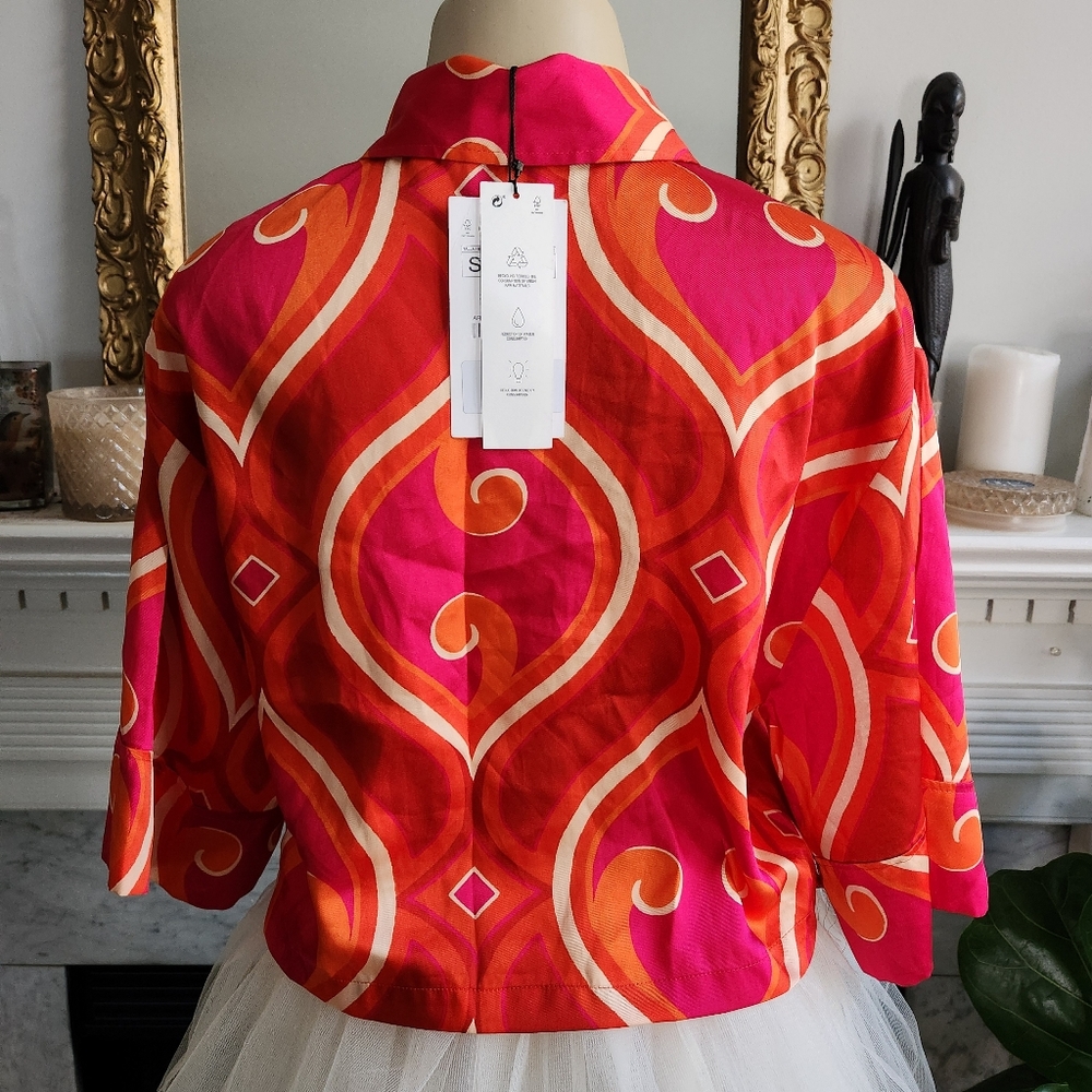 Zara Pink Cropped Satin Shirt Size Small Orange Beige Psychedelic Hippie - Picture 13 of 15